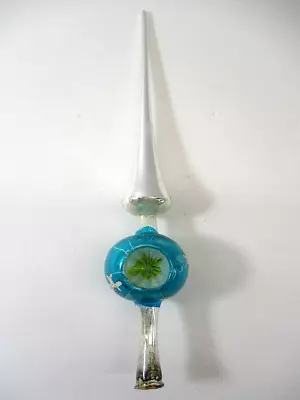 Antique 10  Silver Aqua Blue Hand Blown Mercury Glass With Indent Tree Topper • $47.49