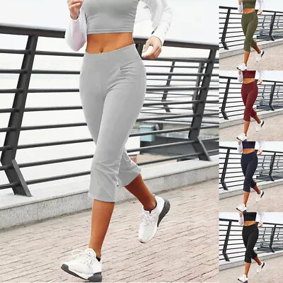 Women Yoga Capri Pants Leggings 3/4 Length Gym Sport Fitness Cropped Trousers • £10.39