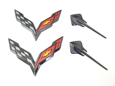 2014-2019 Corvette C7 Gloss Black Front & Rear & Stingray Cross Flags Emblem • $24.99