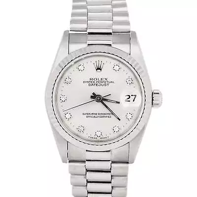 Ladies Rolex DateJust Midsize President 31mm Silver Diamond 18K White Gold 68279 • $9793.99