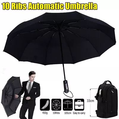 Men Women 10 Rib Windproof Umbrella Automatic Open Close Travel Compact Folding • £7.99