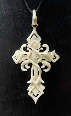 $18 • Buy Cross Celtic Intricate Pray Silver 925 Hand Carved Bone Cow Pendant Necklace