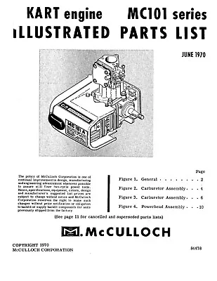 McCulloch MC-101 Series Kart Engine Illustrated Parts List June 1970 • $10.99