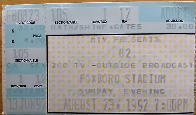 Vintage U-2 ZOO TV Tour 1992 Foxboro Stadium MA Ticket Stub Plus Concert Review • $25