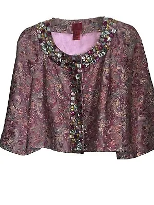 V Cristina Tapestry Formal Crop Jacket Capelet Bolero Sz L Rhinestone NWT Pink • $27.95