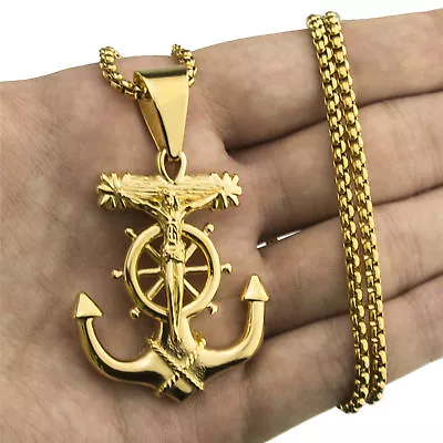 Jesus Cross Anchor Men's Gold Stainless Steel Pendant Chain 22  Necklace Set • $13.99