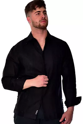 Bohio Men Linen Fancy Guayabera Style Shirt For Men-Black Embroidered MLFG2030 • $49.99