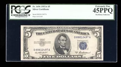 1953 A $5 Dollar Bill Silver Certificate Blue Seal PCGS 45 PPQ Serial D89812497A • $59.50