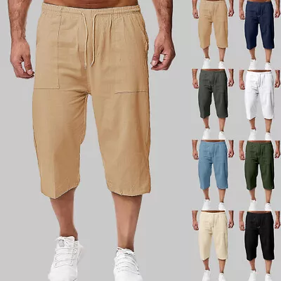 Mens Cotton Linen Cargo 3/4 Length Shorts Elasticated Waist Capri Cropped Pants • $19.39