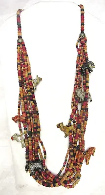 VTG Multi-Strand Wood Carved Animal & Beads Fetish Necklace Dogs Horse African • $19.99
