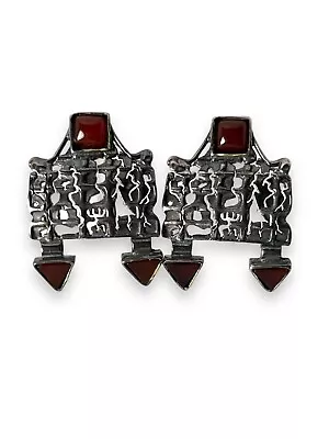 Vintage Signed Israeli Designer Poran Sterling & Carnelian Dangle Earrings • $69.99