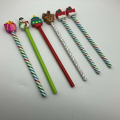 Lot Of 6 Christmas Holiday Pencils W/Toppers Tree Snowman Present Reindeer  W9 • $8.16