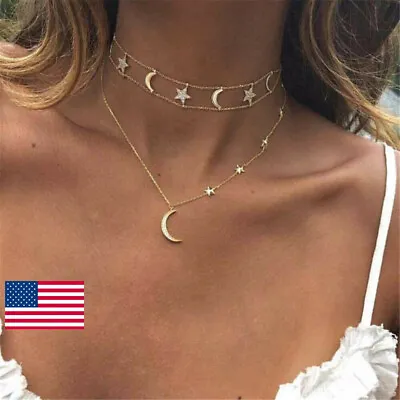 Women Boho Multilayer Choker Pendant Necklace Crystal Moon Star Chain Jewelry US • $2.02