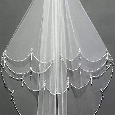 New 2 Layer White/Ivory Elbow Length Beads Edge Wedding Bridal Veil • $12.69