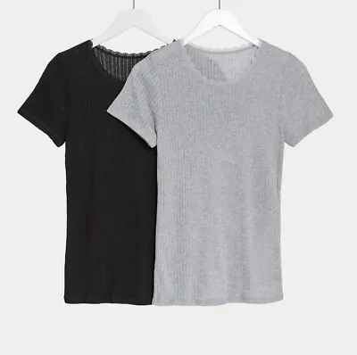 M&S Womens Thermal Short Sleeve Top 2 Pack Pointelle Soft Black/Grey Size 10 • £17.99