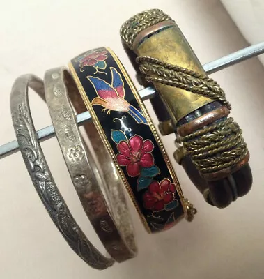 Vintage Bangle Bracelet Lot Of 5 - Mexico Sterling - Jade - Cloisonne - Leather • $47.50