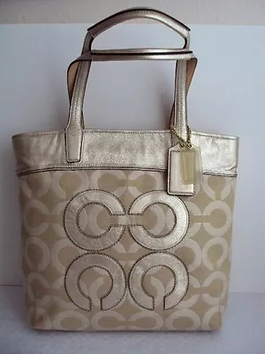 Coach NWT 17035 Audrey Op Art Lurex Pique Leigh Slim Tote  Tote Khaki/Gold • $155.95