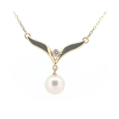 Mikimoto Pearl Diamond Necklace 7.2mm 18K Yellow Gold • $558