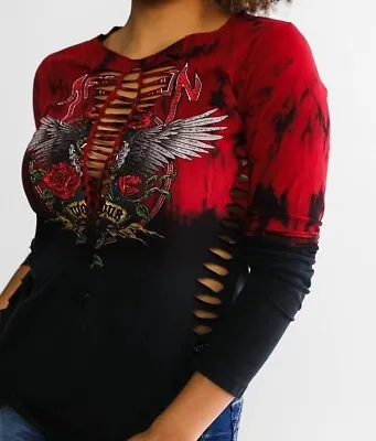 Affliction Women's “HEART & ROSES” Long Sleeve Scoop Neck Rhinestone T-shirt NWT • $67.92