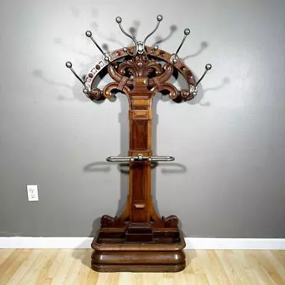 Antique French Art Deco Hall Tree/Umbrella Stand: Walnut & Stainless Steel • $2125