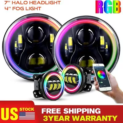 7'' RGB LED Halo Headlight 4'' Fog Lights Combo Kit For Jeep Wrangler Muti-Color • $149.99