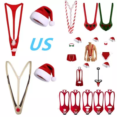 US Men's Christmas Jockstrap Bodysuit Xmas Underwear Mankini With Santa Hat Sets • $11.58