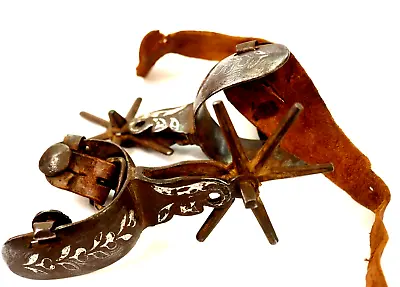 Early Hand-forged Southwest Silver Inlaid Thick Heel Band Cowboy Spurs 3.8 Rowel • $395