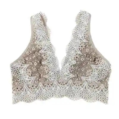 Victoria's Secret Lace Bralette Taupe Floral Lace Crop Top V Neck Lined Womens L • $25