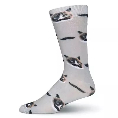 Mustache Grumpy Cat Men's Crew Socks Size 10-13 Grey K Bell Feline Fashion New • $11.95