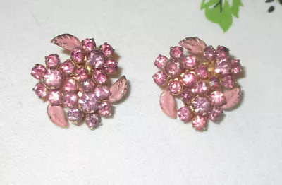 Signed WEISS NY Vintage Pink Enamel Leaf Flower AB Crystal Clip Earrings • $20