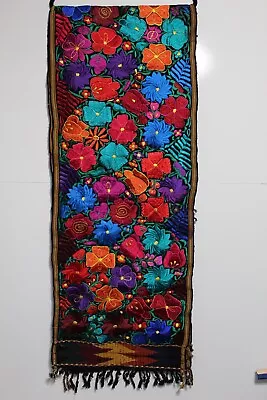 Traditional Mexican Table Runner Handmade Embroidered Bold Bright Floral Black • $100