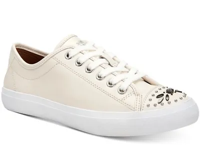 New COACH Elle Lace-Up Sneakers Leather Studding Daisy Rivets Western Chalk • $80.99