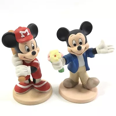 Set Of 2 Disney Mickey Mouse Bisque Figurines Baseball Flowers Sri Lanka Vint • $28.88