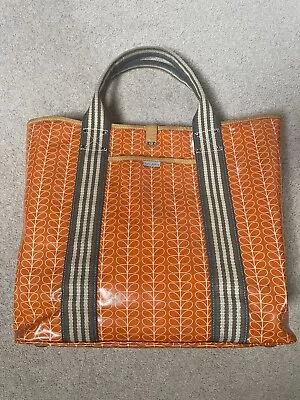 Orla Kiely Stem XL Oil Cloth Bag Weekend Bag Tote Leather Trim Orange • £110