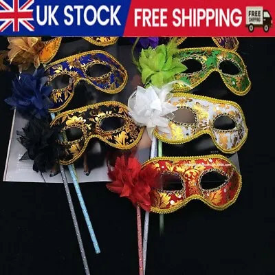 Venetian Masquerade Eye Mask On Stick Mardi Halloween Party Prom Costume Decor • £6.43