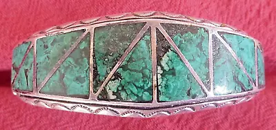 Vintage Quality Navajo Sterling Silver Green Turquoise Inlay Cuff Bracelet - NR • $79.95