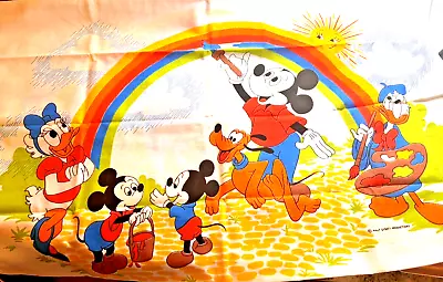 Disney Pillow Case Mickey Mouse Pluto Donald Duck Rainbow 80s MINT Linen Vtg • $22