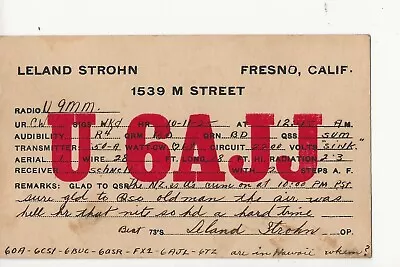 1925  U6AJJ  Fresno  California      QSL Radio Card • $6