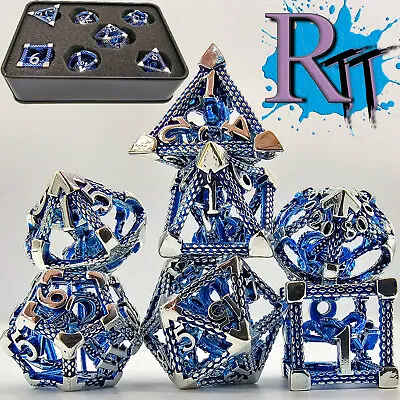 Blue Silver Hollow Metal Dice Set Cthulhu DND Polyhedral Dungeons Dragons RPG • $29.98