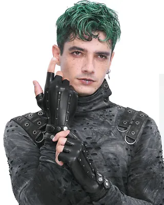 Devil Fashion Mens Gothic Punk Studded Fingerless Gloves Black PU Faux Leather • $45.24