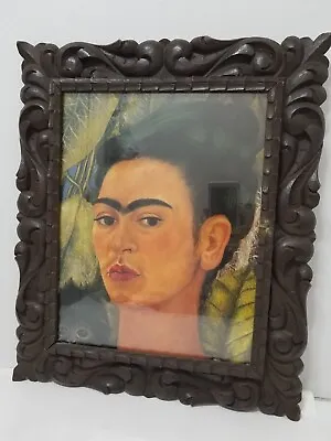 Framed Frida Kahlo Self Portrait  Monkey Print Awesome  Carved Vintage Frame     • $74