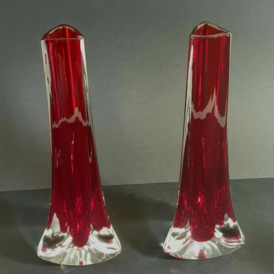 £75 • Buy Pair WHITEFRIARS Geoffrey BAXTER TRICORN Ruby Red Vases No.9570 Vintage