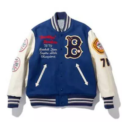 Embroidery Patch Varsity Letterman Bomber Jacket Wool Body & Leather Sleeves • $189.50