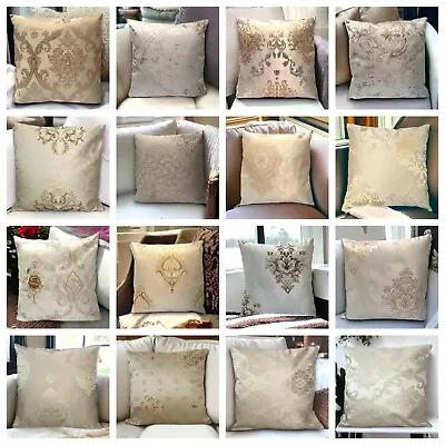 Beige Cream Gold Damask Embroidered Cushion Covers 18x18  In / 45x45cm - X-thick • £4.99