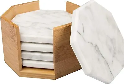 White Carrara Marble Coasters With Bamboo Holder Set Of 5 - Great Gift • $26.94