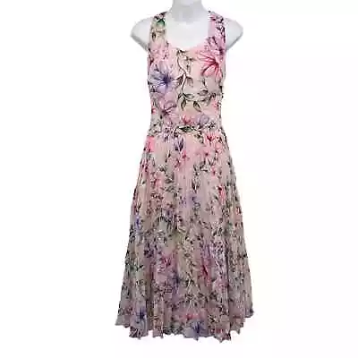 Marchesa Notte Pleated Midi Dress 14 Blush Floral Sleeveless Bow Cut-Out Back • $51