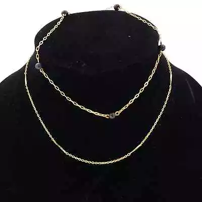 Two Vintage Thin Gold Tone Station Chain Necklaces Black Beads 15.5  Layering • $9.95