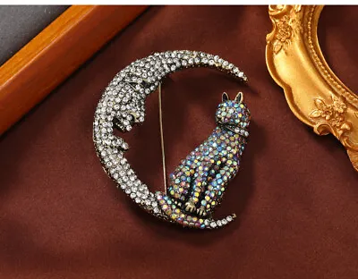 Big AB Rhinestone Cat Brooch Jewelry Moon And Cat  GORGEOUS LARGE • $22.95