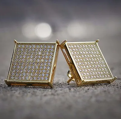 Large Square Flat Screen Mens Cz Gold Hip Hop Screwback Stud Earrings • $29.99