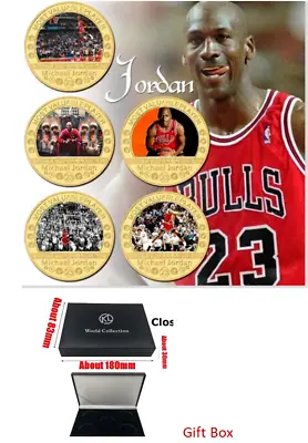 Michael Jordan Bulls Basketball Metal Token 5 Pcs Coins With Gift Box  !!! • $25.72